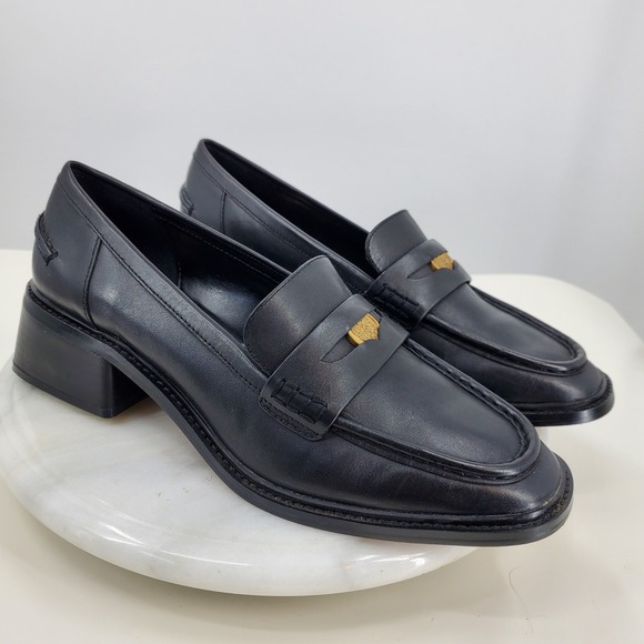 Vince Camuto Shoes - Vince Camuto Erinesa Black Leather Block Heel Penny Loafers Gold Crest Chubky